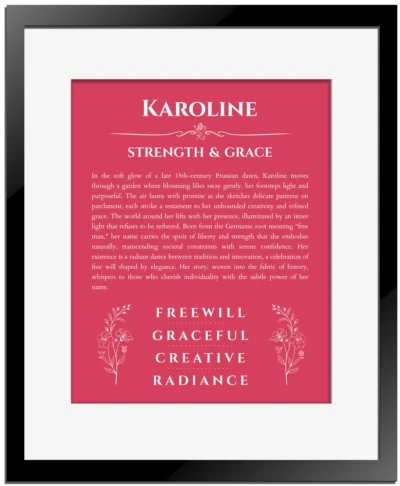 Karoline personalized name meaning print in red with black matte frame