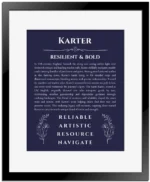 Karter personalized wall art with the story of your name in navy blue with black matte frame