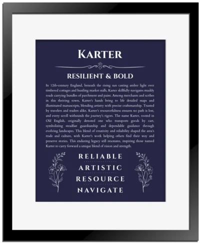 Karter personalized wall art with the story of your name in navy blue with black matte frame