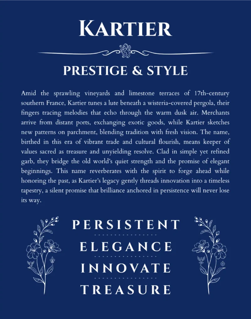 Kartier personalized name art with origin story in deep blue