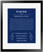 Kartier personalized name art with origin story in deep blue with black matte frame