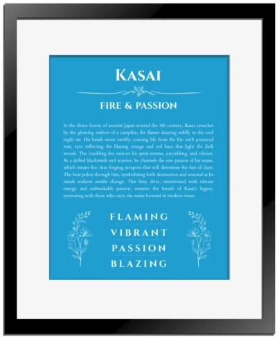 Kasai name meaning wall art by Get Your Story in blue with black matte frame