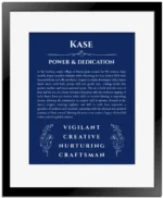 Kase personalized wall art with the story of your name in deep blue with black matte frame