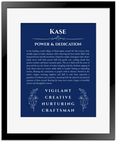 Kase personalized wall art with the story of your name in deep blue with black matte frame