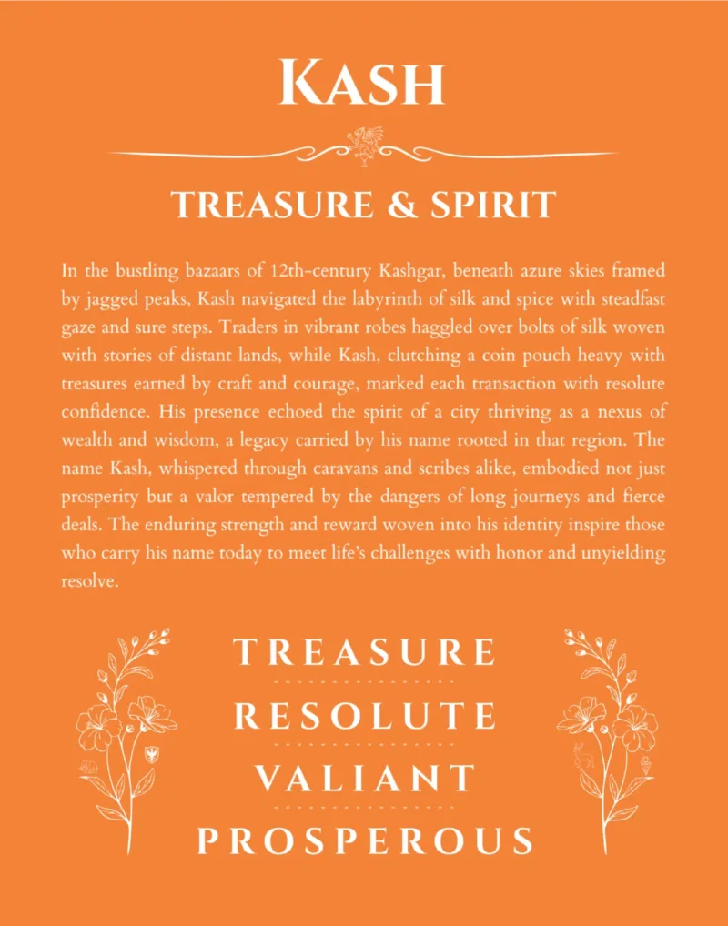 Kash personalized name art with origin story in orange