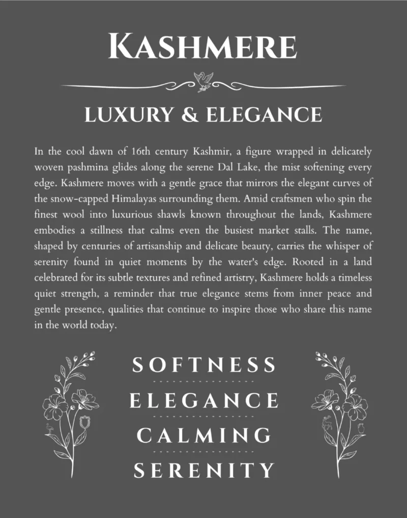 Kashmere personalized name print with origin and traits in gray