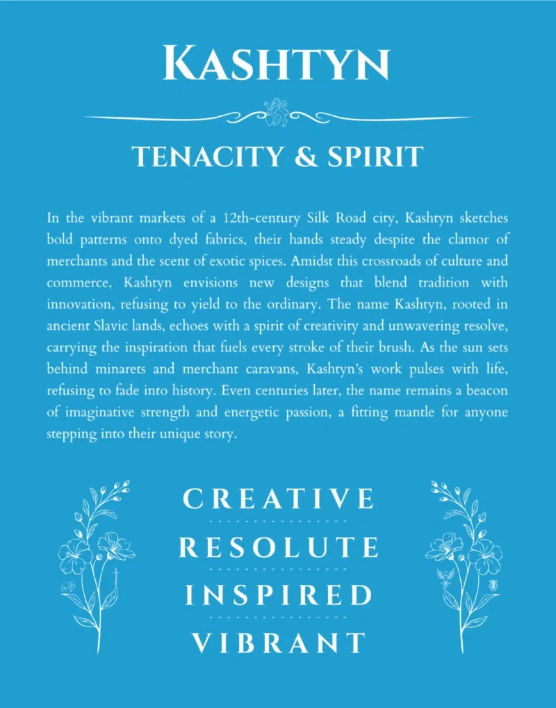 Kashtyn custom name art showing meaning and origin in blue