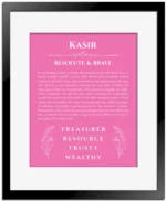 Kasir personalized name print with origin and traits in pink with black matte frame