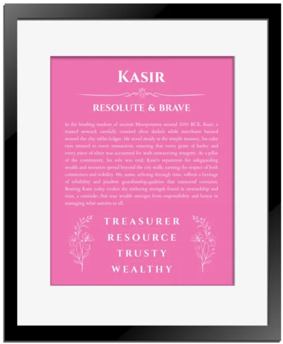 Kasir personalized name print with origin and traits in pink with black matte frame