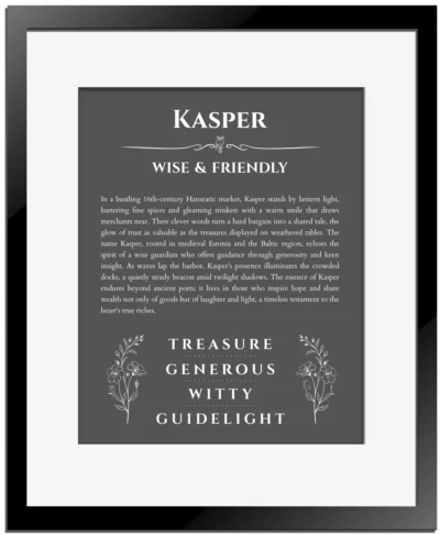 Kasper personalized name print with origin and traits in gray with black matte frame