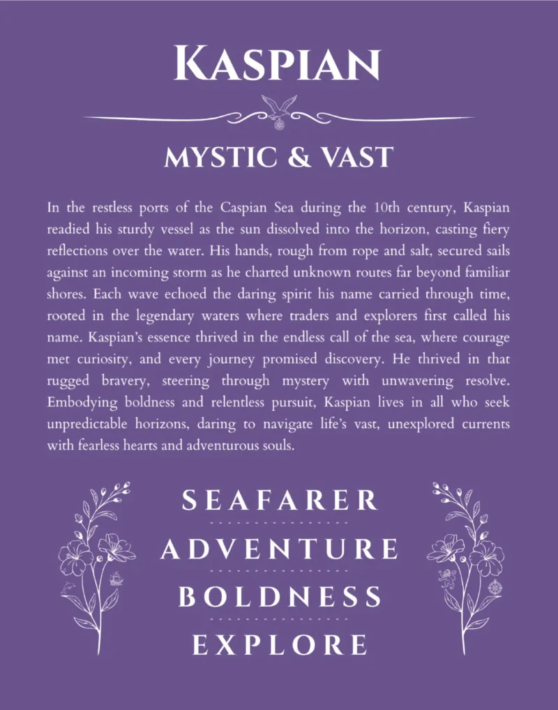 Kaspian personalized name art with origin story in purple