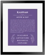 Kaspian personalized name art with origin story in purple with black matte frame