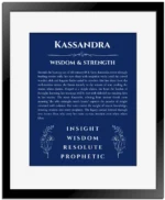 Kassandra personalized name art with origin story in deep blue with black matte frame