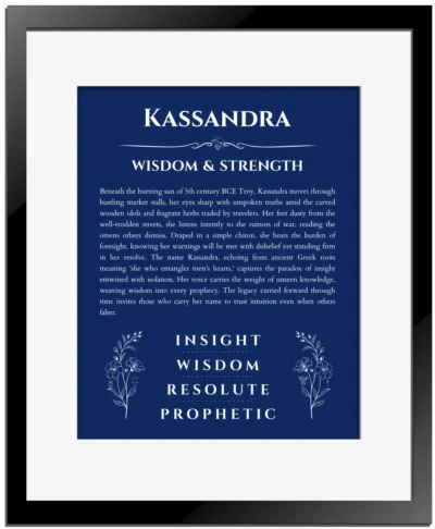 Kassandra personalized name art with origin story in deep blue with black matte frame
