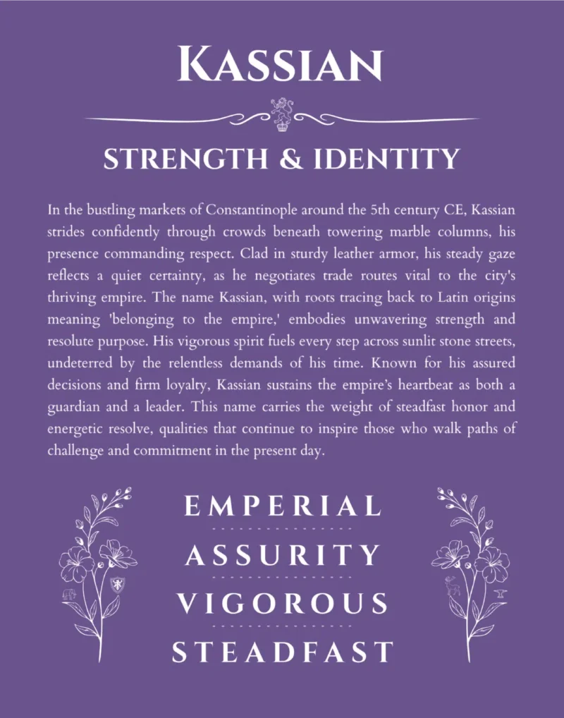 Kassian custom name art showing meaning and origin in purple