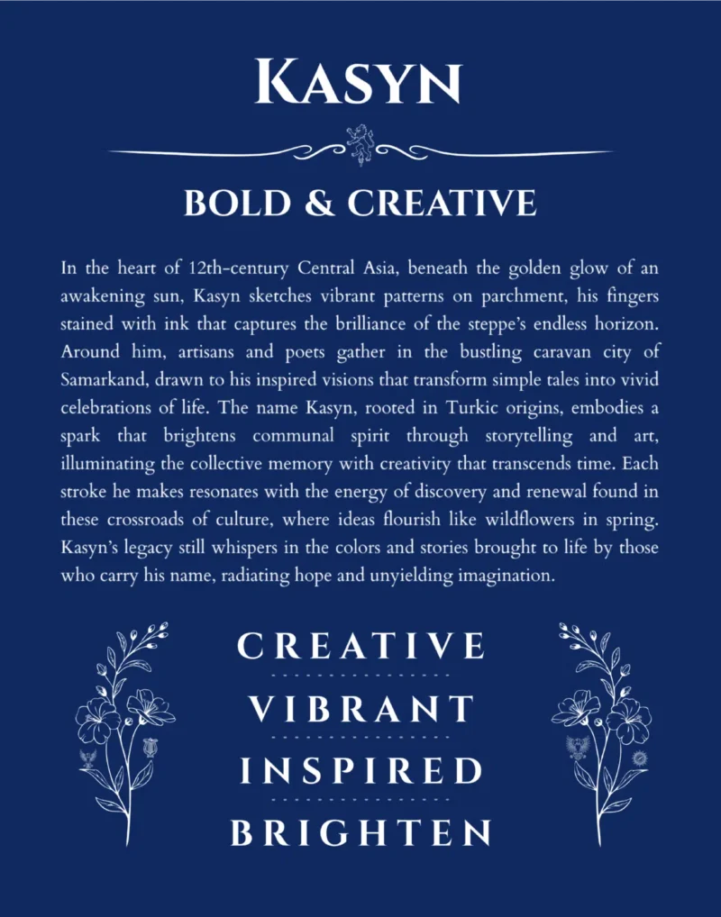 Kasyn custom name art showing meaning and origin in deep blue