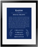 Kasyn custom name art showing meaning and origin in deep blue with black matte frame
