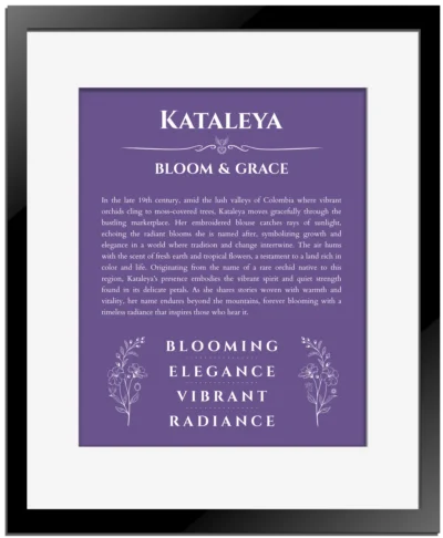 Kataleya personalized name meaning print in purple with black matte frame