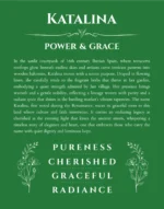 Katalina personalized name art with origin story in dark green