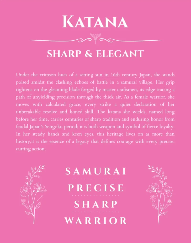 Katana personalized name art with origin story in pink