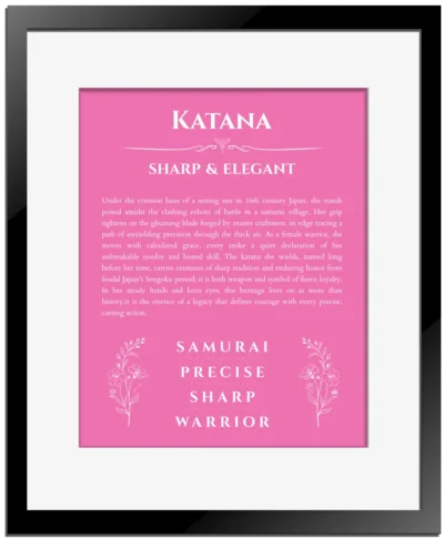 Katana personalized name art with origin story in pink with black matte frame