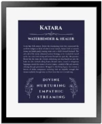 Katara name meaning gift print in navy blue with black matte frame