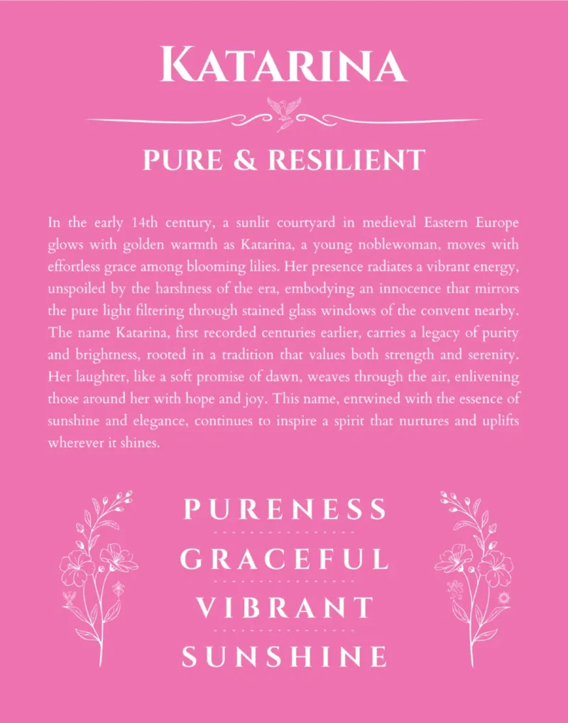 Katarina name origin print with meaning and traits in pink