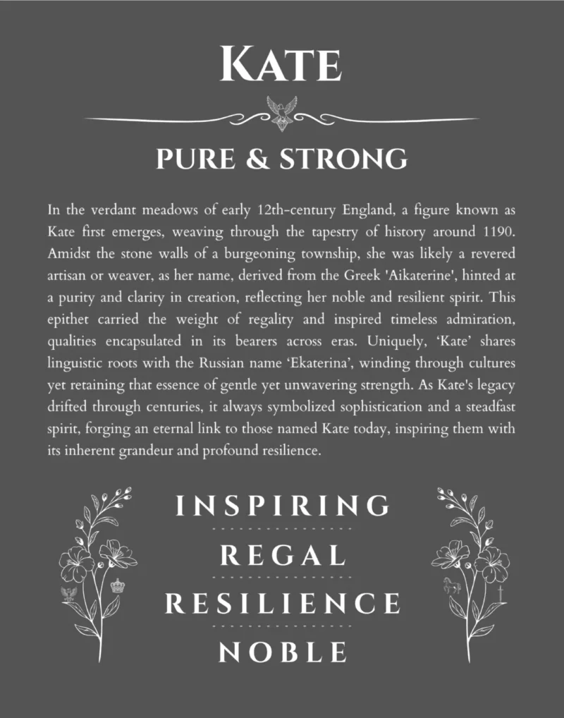 Kate personalized name art with origin story in gray