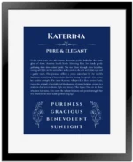 Katerina personalized wall art with the story of your name in deep blue with black matte frame
