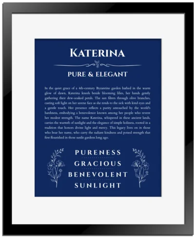 Katerina personalized wall art with the story of your name in deep blue with black matte frame