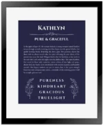 Kathlyn personalized name art with origin story in navy blue with black matte frame