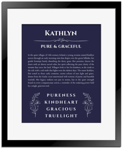 Kathlyn personalized name art with origin story in navy blue with black matte frame