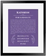 Kathryn personalized name meaning print in purple with black matte frame