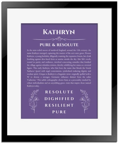 Kathryn personalized name meaning print in purple with black matte frame