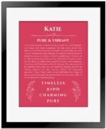 Katie personalized wall art with the story of your name in red with black matte frame