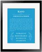Kato personalized wall art with the story of your name in blue with black matte frame