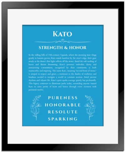 Kato personalized wall art with the story of your name in blue with black matte frame