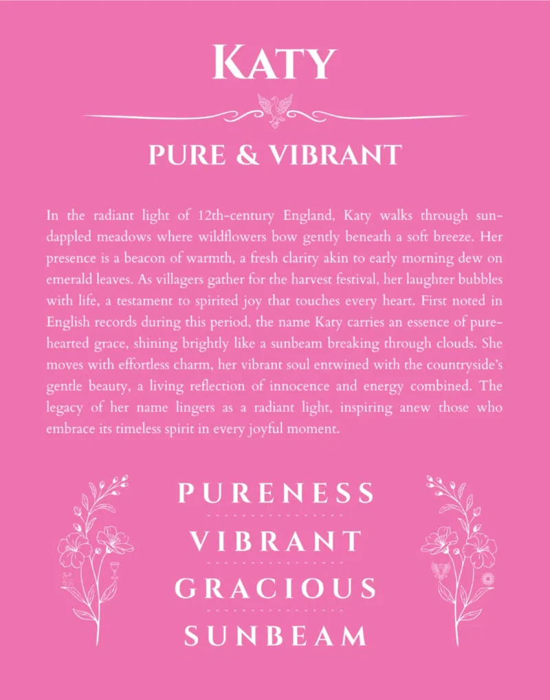 Katy personalized name print with origin and traits in pink