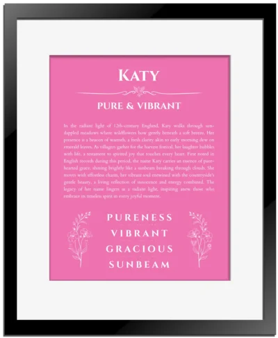 Katy personalized name print with origin and traits in pink with black matte frame
