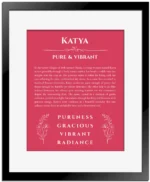 Katya personalized name print with origin and traits in red with black matte frame