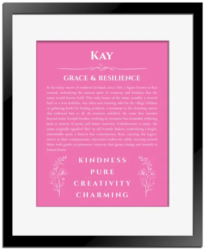 Kay personalized name meaning print in pink with black matte frame