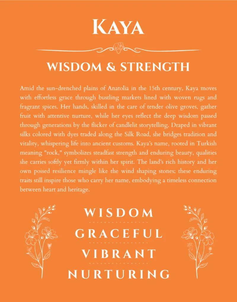 Kaya custom name art showing meaning and origin in orange