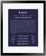 Kayce custom name print for wall display in navy blue with black matte frame