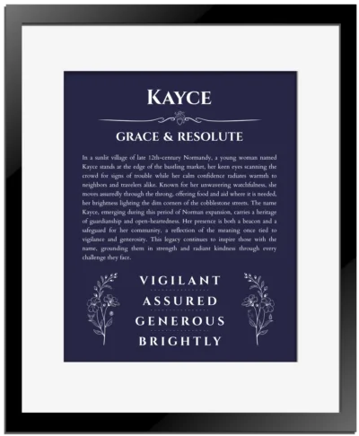 Kayce custom name print for wall display in navy blue with black matte frame