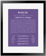 Kaycee custom name meaning print in purple with black matte frame