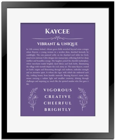 Kaycee custom name meaning print in purple with black matte frame