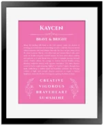 Kaycen personalized name meaning print in pink with black matte frame