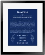 Kayden custom name print for wall display in deep blue with black matte frame