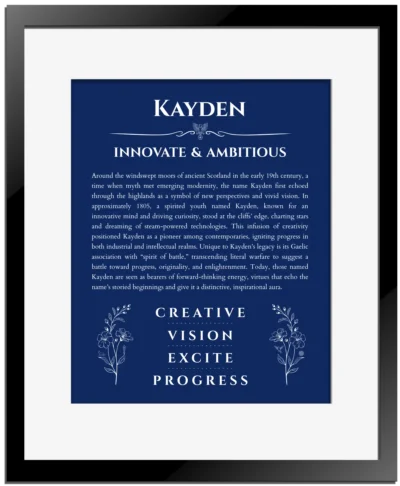 Kayden custom name print for wall display in deep blue with black matte frame
