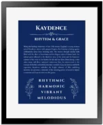 Kaydence personalized name meaning print in deep blue with black matte frame